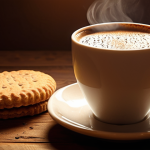 A steaming cup of coffee with a partially submerged crispy biscuit, emphasizing the texture change and aroma. The background includes a cozy setting with warm lighting, suggesting a comforting and enjoyable moment.