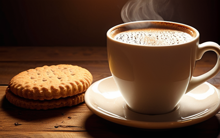 A steaming cup of coffee with a partially submerged crispy biscuit, emphasizing the texture change and aroma. The background includes a cozy setting with warm lighting, suggesting a comforting and enjoyable moment.