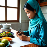 **

"A Malaysian woman in modest, traditional baju kurung attire, planning a weekly menu at her kitchen table, surrounded by local produce. Safe for work, appropriate content, fully clothed, professional, perfect anatomy, natural proportions, well-formed hands, proper finger count, family-friendly, high quality, professional photography."

**