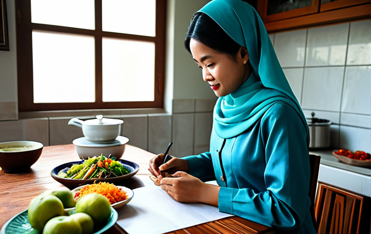 **

"A Malaysian woman in modest, traditional baju kurung attire, planning a weekly menu at her kitchen table, surrounded by local produce. Safe for work, appropriate content, fully clothed, professional, perfect anatomy, natural proportions, well-formed hands, proper finger count, family-friendly, high quality, professional photography."

**