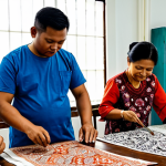 Traditional Batik Workshop**

"A diverse group of people, fully clothed in appropriate attire, learning the art of traditional Malaysian Batik in a bright and airy workshop. Focus on the intricate details of the batik patterns, the tools used, and the concentration on the faces of the participants. Safe for work, appropriate content, modest clothing, family-friendly, high quality, natural poses, perfect anatomy, professional."

**