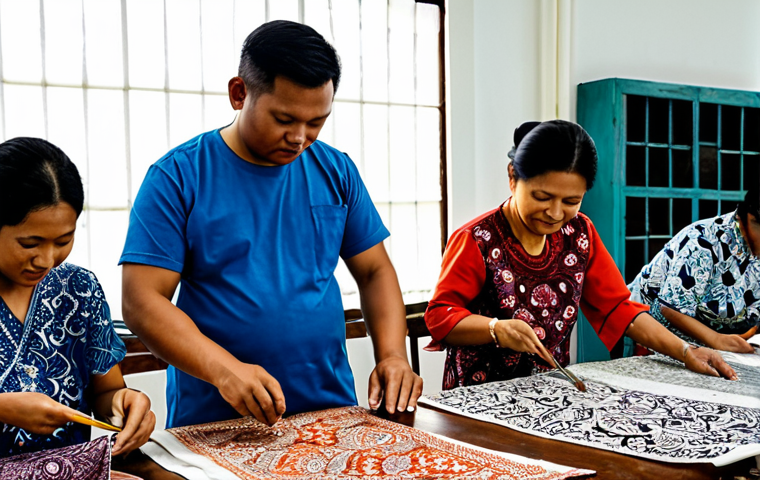 Traditional Batik Workshop**

"A diverse group of people, fully clothed in appropriate attire, learning the art of traditional Malaysian Batik in a bright and airy workshop. Focus on the intricate details of the batik patterns, the tools used, and the concentration on the faces of the participants. Safe for work, appropriate content, modest clothing, family-friendly, high quality, natural poses, perfect anatomy, professional."

**